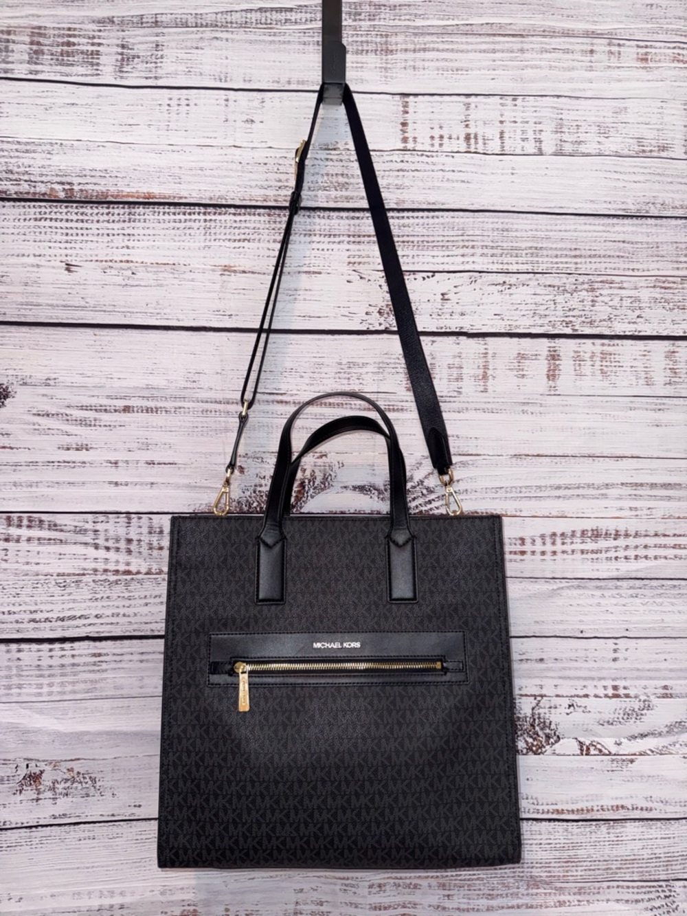 Michael Kors Black Logo Tote with Gold-Zip Accent